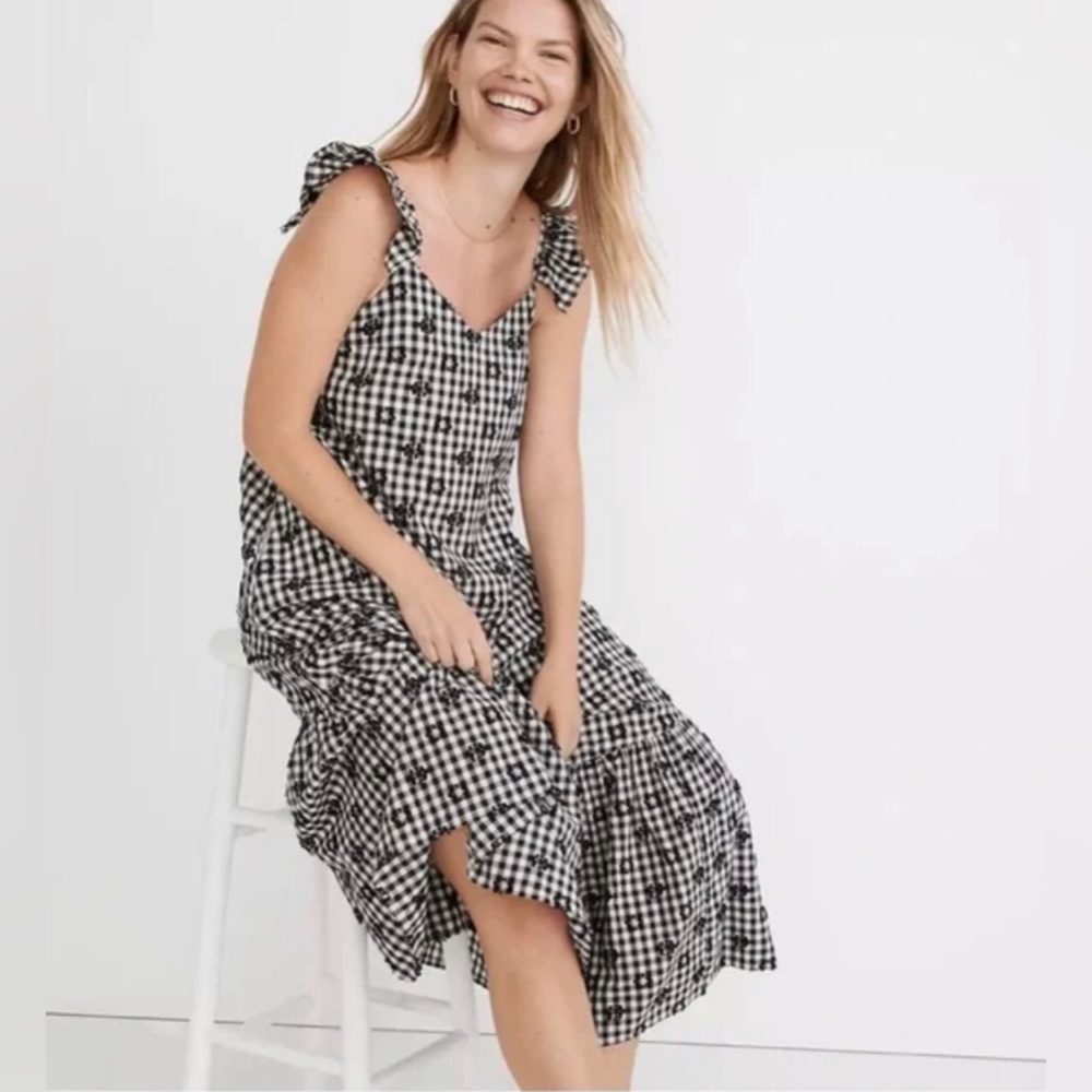 Madewell Gingham Print Ruffle Hem Tent Midi Dress Black & White NWOT